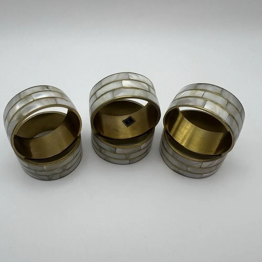 Vintage MOP Brass Napkin Rings Set of 6 Mother of Pearl India Boho Wedding